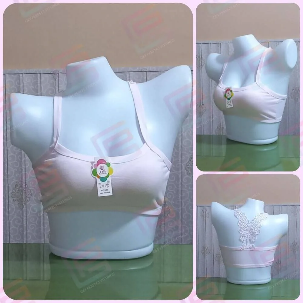 Pink colour Butterfly Back Sports Bra for Girls Removable Pads is displayed on Mannequin