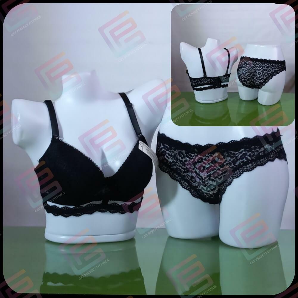 Black Colour Padded Bra Panty Set Full Cup Longline Lace Bra with Lace Thong Front and Back Side