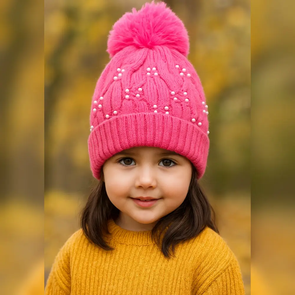 Girls Korean Style Warm Beanie Cap Fur Lined with Pompom for Winter (6-14 Years)
