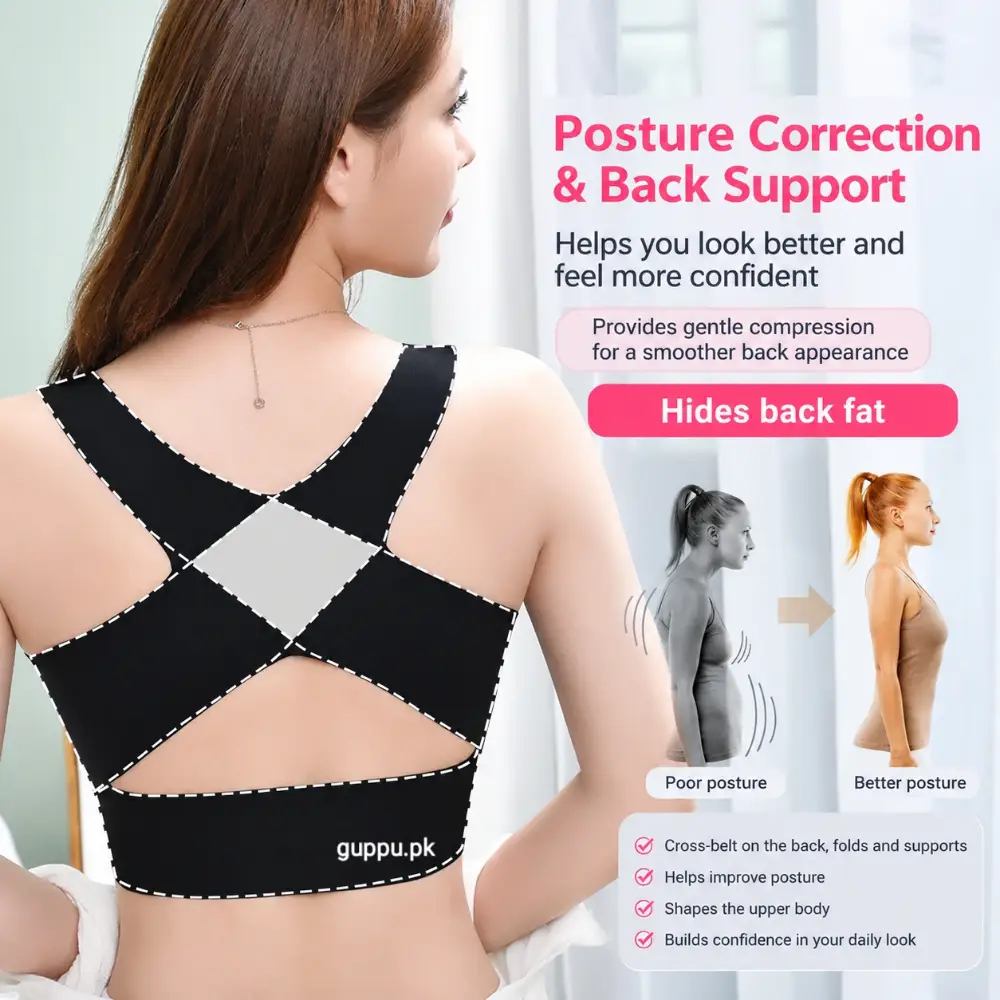 Front Closure Posture Support Sports Bra – Wireless Push Up Back Support Bra for Women