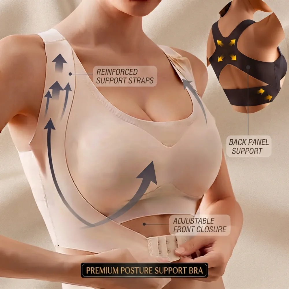 Front Closure Posture Support Sports Bra – Wireless Push Up Back Support Bra for Women