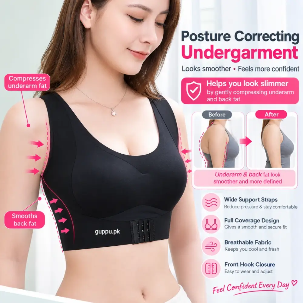 Model wearing and showcasing side view smoothing with Front Closure Posture Support Sports Bra – Wireless Push Up Back Support Bra for Women