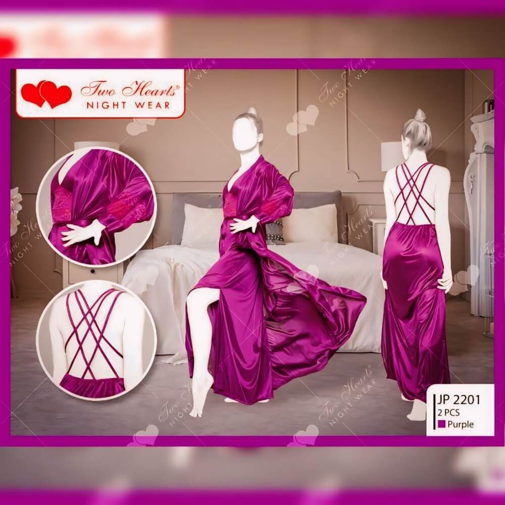 Two Hearts Women Silk Nighty 2pcs Women Silk Nightwear Purple
