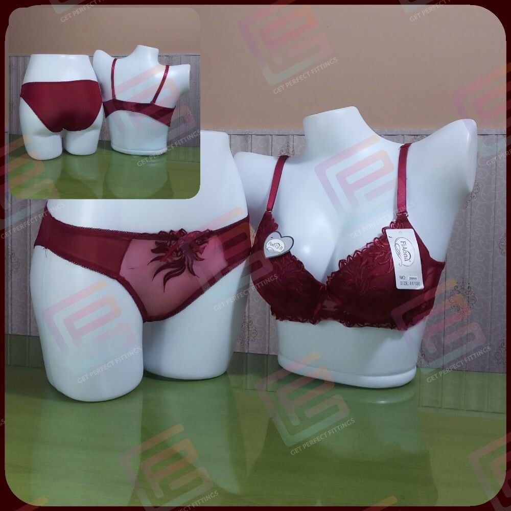 Maroon Colour Bridal Embroidered Bra Panty Set Size 38