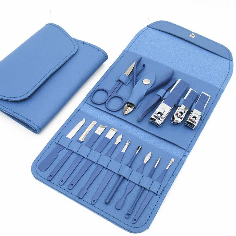 Pedicure Manicure 16 Pieces Professional Set with Travel Leather Case Set Blue