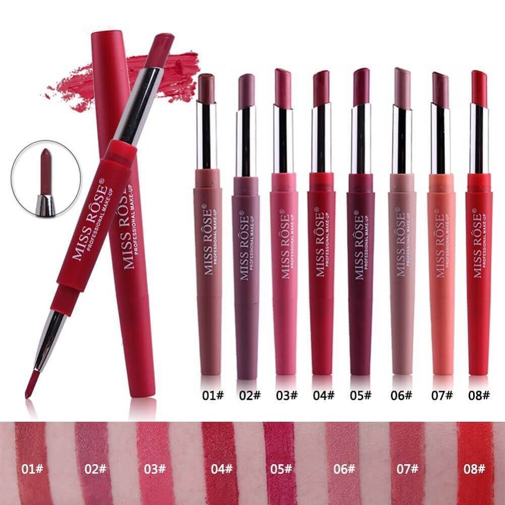 Miss Rose 2 in 1 Lipstick and Lip Liner Shades 1 , 2, 3, 4, 5, 6, 7, 8 Swatches