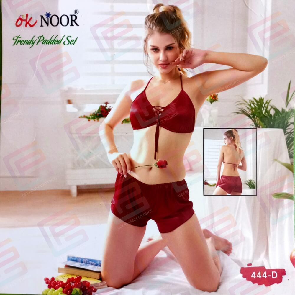 Maroon Red Bikini Top and Shorts Set Nighty by Ok Noor