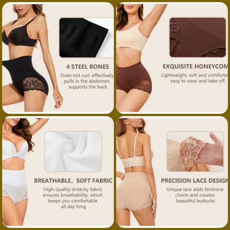 4 models wearing Honeycomb Body Shaper Panty White , Maroon, skin and Black