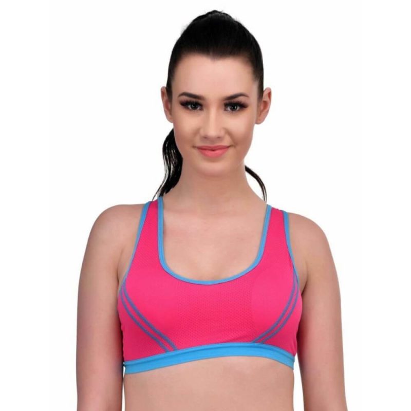Model Wearing pink Criss-Cross Back Training Sports Bra Non Padded Designer Bralette