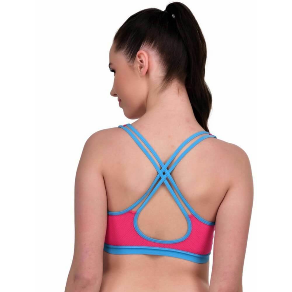 Model Wearing pink Criss-Cross Back Training Sports Bra Non Padded Designer Bralette Back Side