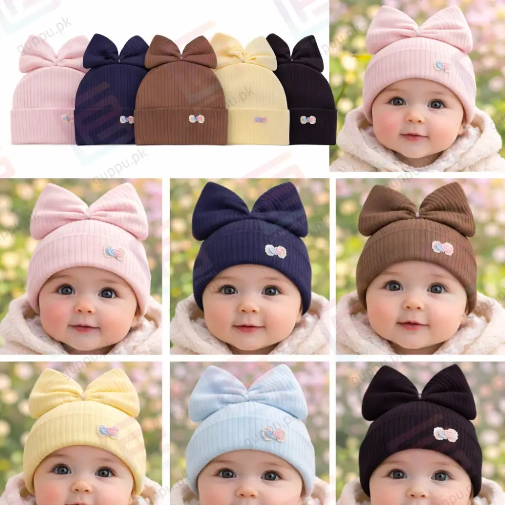 Baby Girl Ribbed Bow Cap | Soft Medium-Weight Cotton Beanie for Newborn to 6 Months | All-Season Baby Hat | 6 Colors