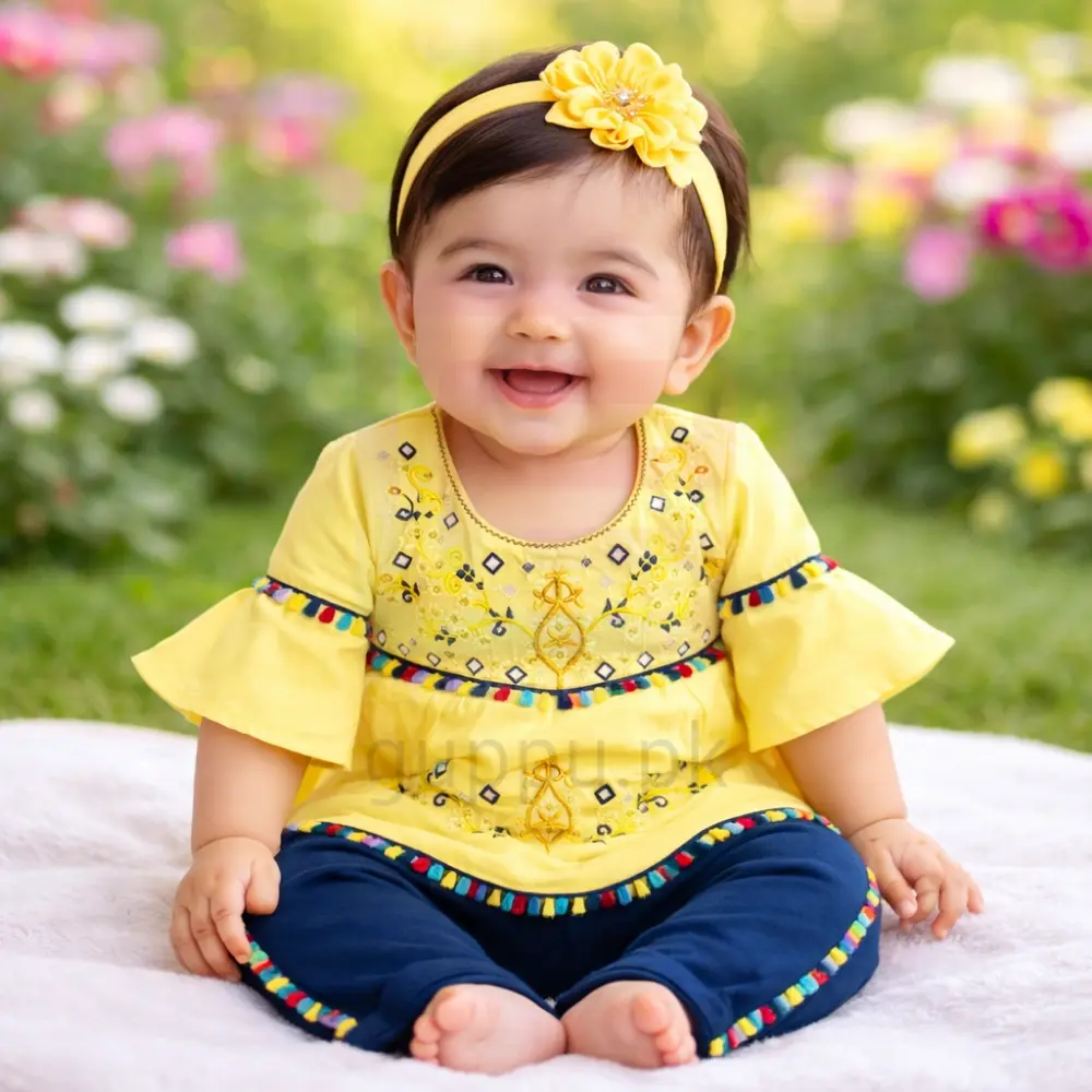 Baby Girl Embroidered Frock Suit with Pajama | Soft Cotton Shirt & Hosiery Pajama | Traditional Baby Girl Dress (6–18 Months) | guppu.pk