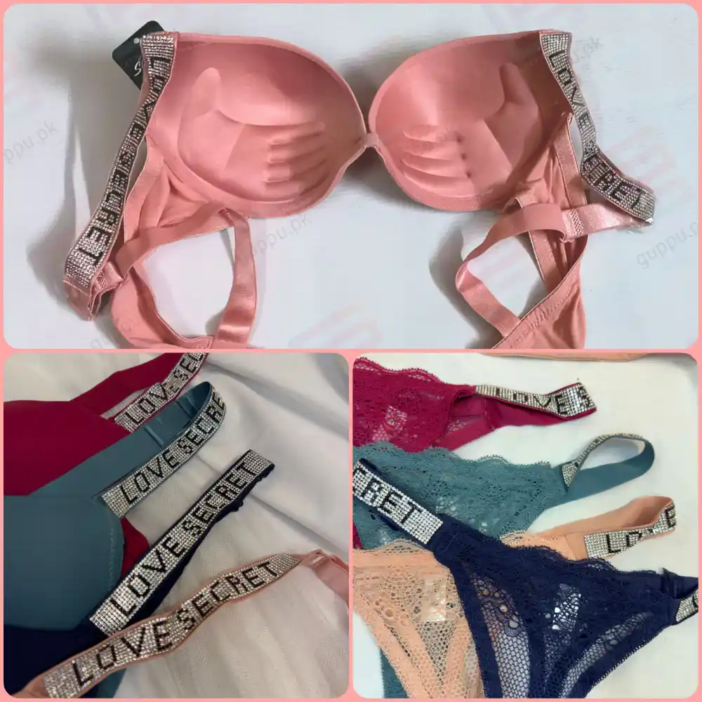 Luxury LOVE SECRET Single Padded Underwire Push-Up Bra & Net Thong Panty Set – Fancy Rhinestone Strap Lingerie