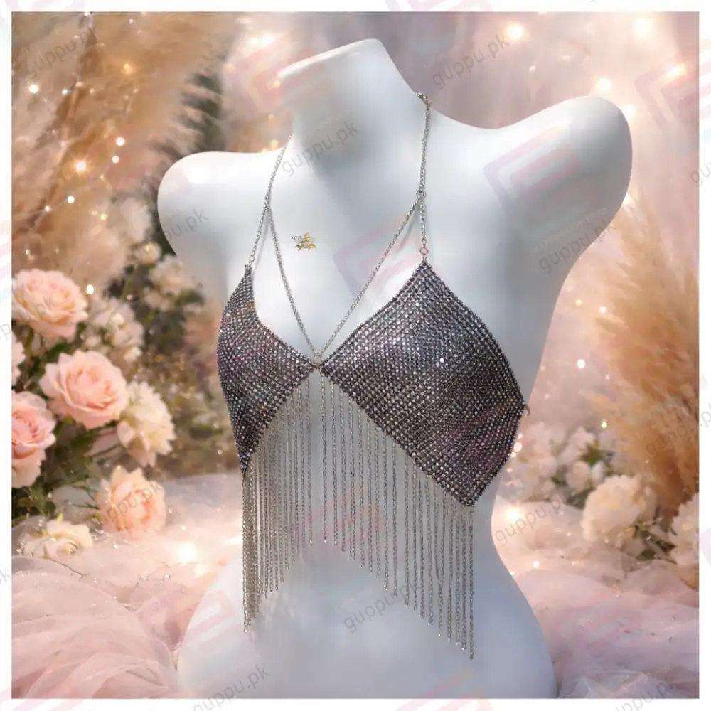 Bridal Rhinestone Sparkling Backless Halter Bra | Adjustable Chain Crystal Bra Top | Free Size Party & Wedding Wear Bra for Women