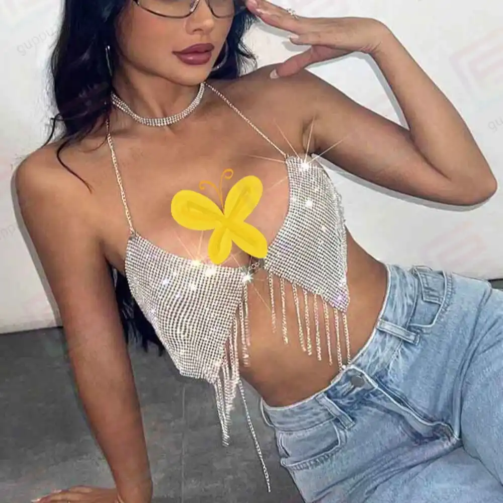 Bridal Rhinestone Sparkling Backless Halter Bra | Adjustable Chain Crystal Bra Top | Free Size Party & Wedding Wear Bra for Women