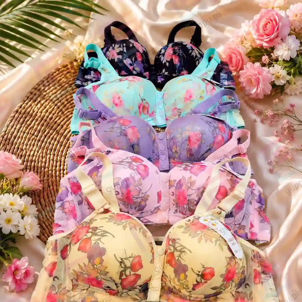 5 colours Floral Front Open Single Padded Wireless Bras – Breathable Net Back Comfort Bra for Women